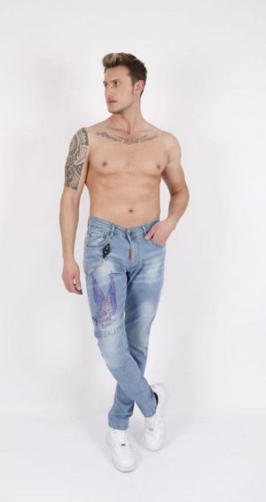Rhinestone Skull Slim Fit Jeans for Men