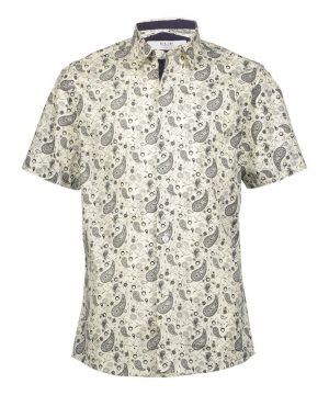 Elie Balleh Mens Slim Fit White Paisley Short Sleeve Button-Down Shirt